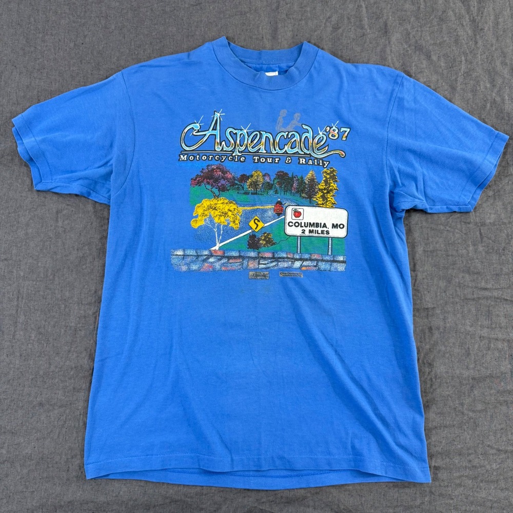 Hanes Aspencade Motorcycle Rally T-Shirt Large Blue Vintage 1987 Columbia MO